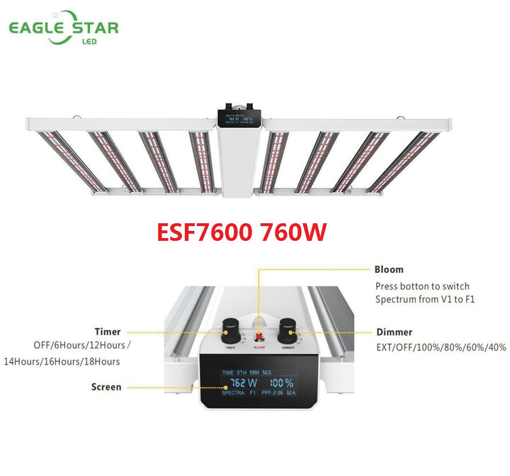 Eagle Star LED ESF7600 760W Timer, Dimmable LCD Display Full Spectrum Foldable LED Grow Light For Indoor Plants